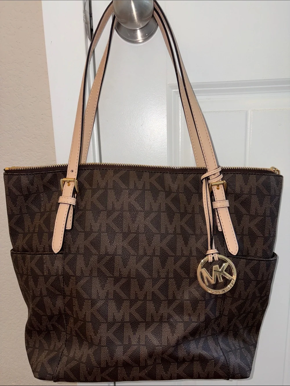 Michael Kors Brown MK Signature Tote with Pale Pink Straps and Gold Charm